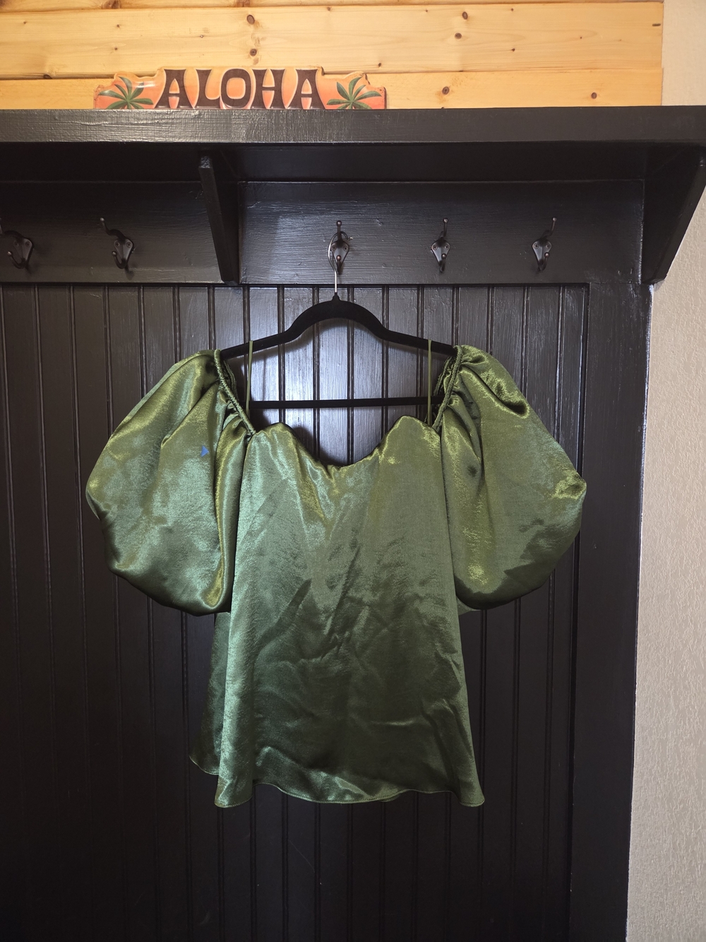 Caroline Constas Olive Green Satin Puff-Sleeve Top